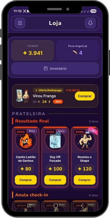 Tela da loja e itens do Frangalo