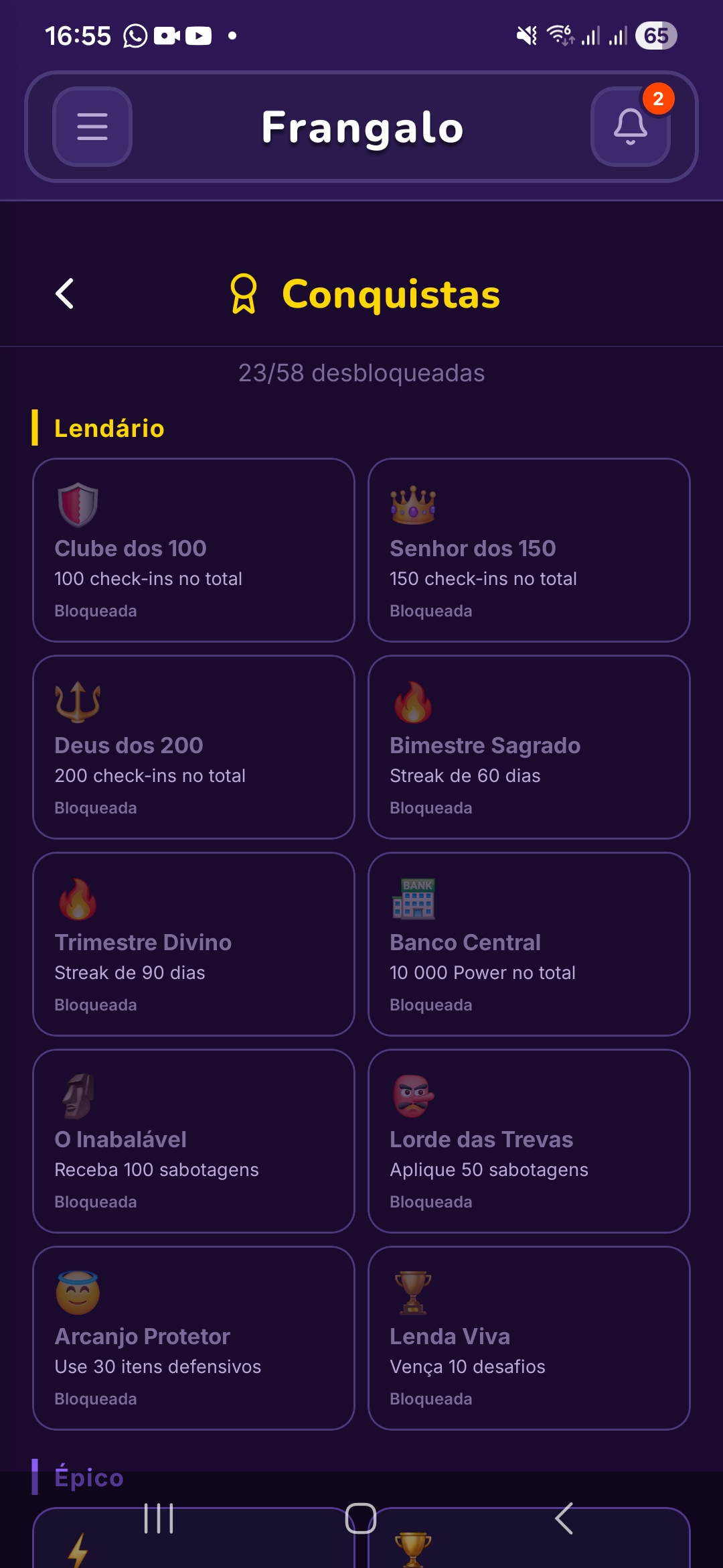 Tela de conquistas do Frangalo