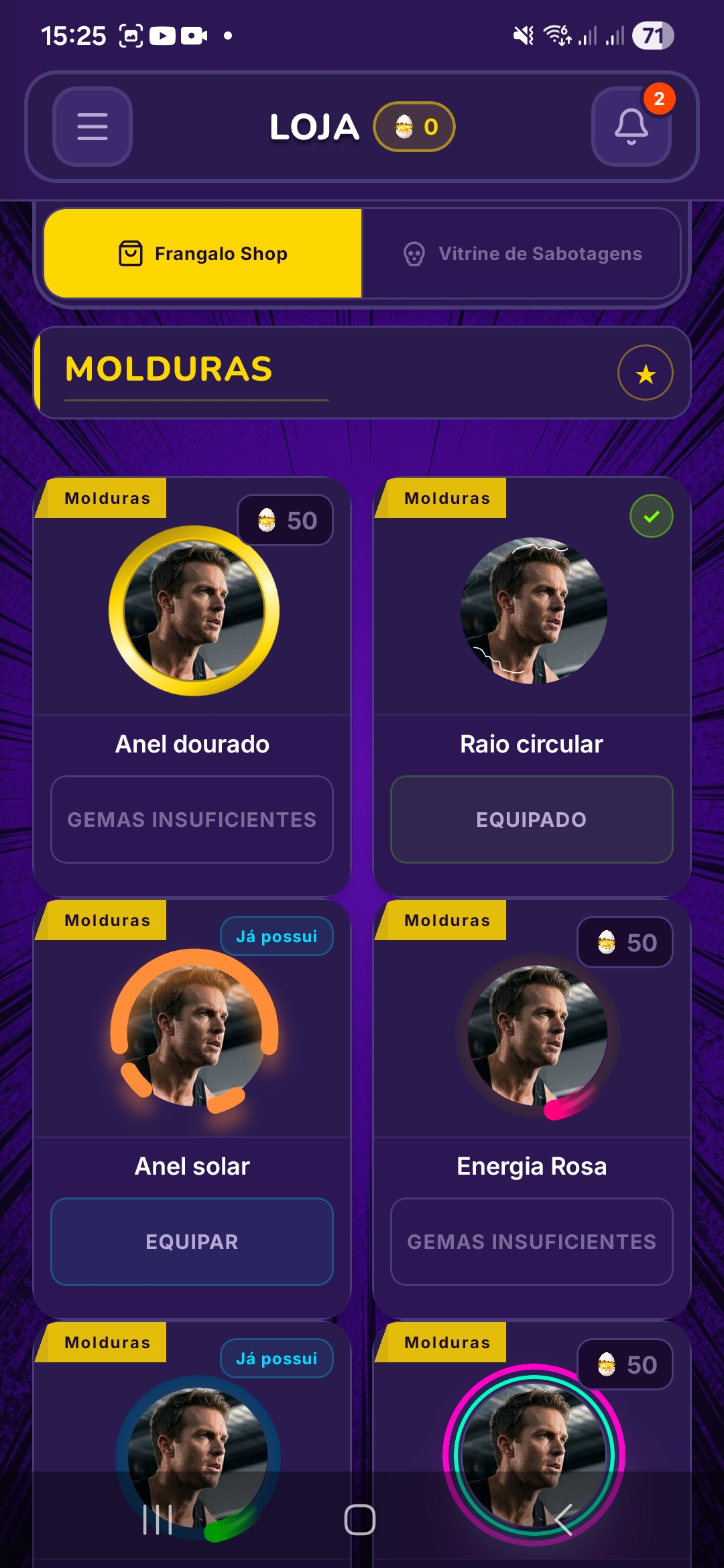 Tela da loja de Gemas