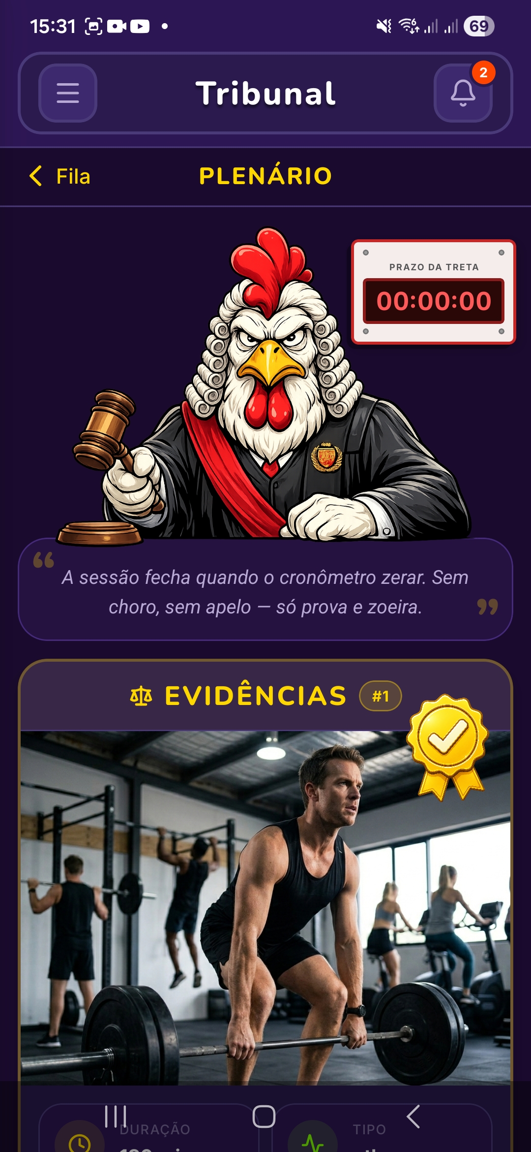 Tela de tribunal para avaliar treinos duvidosos